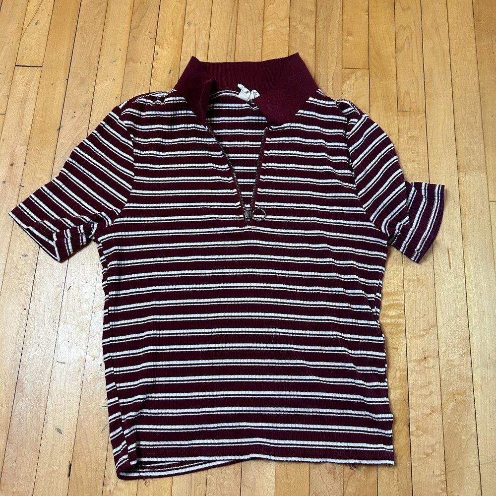 Maroon & White Striped Cropped Tee